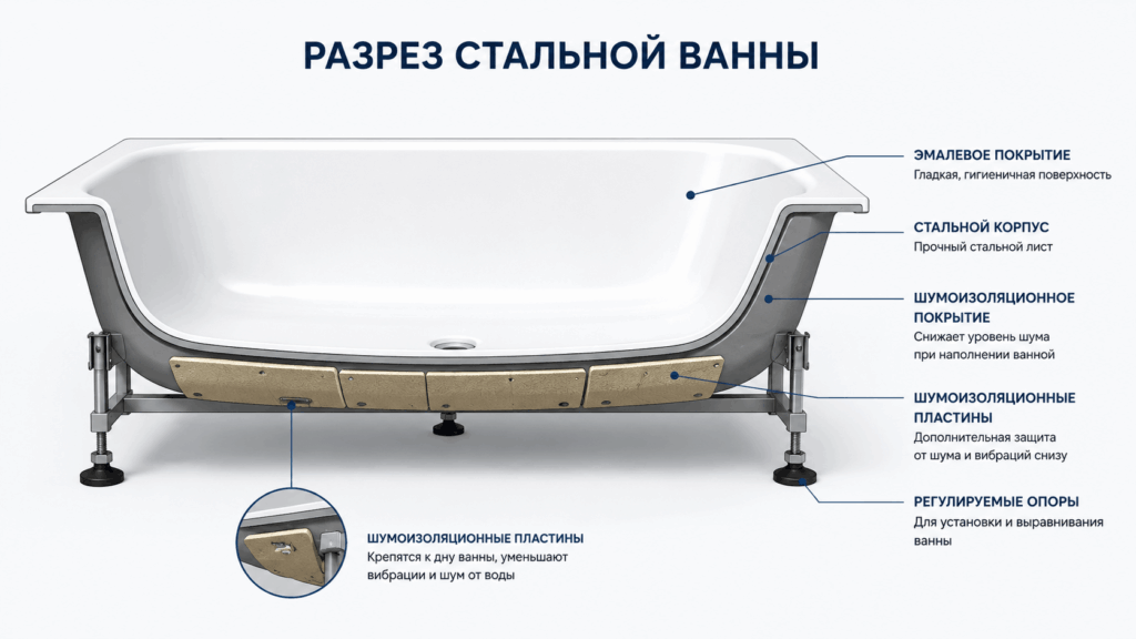 Схема разреза стальной ванны Схема разреза стальной ванны